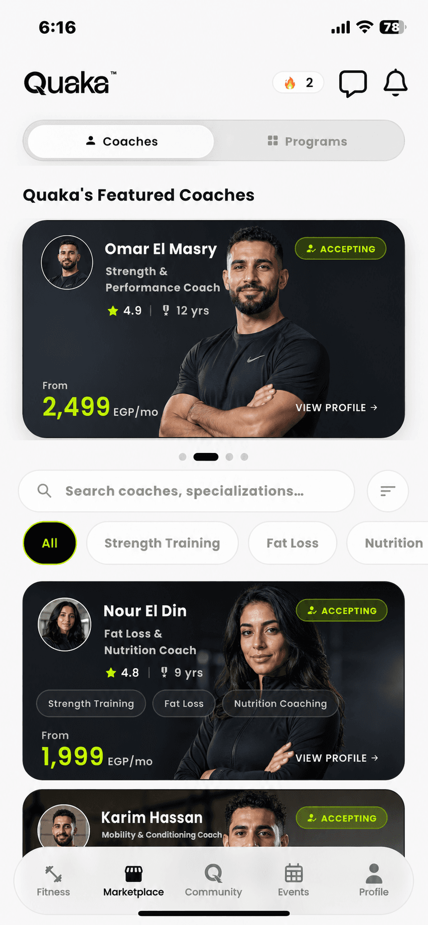 Quaka marketplace showing featured coaches, ratings, specialties, and monthly pricing