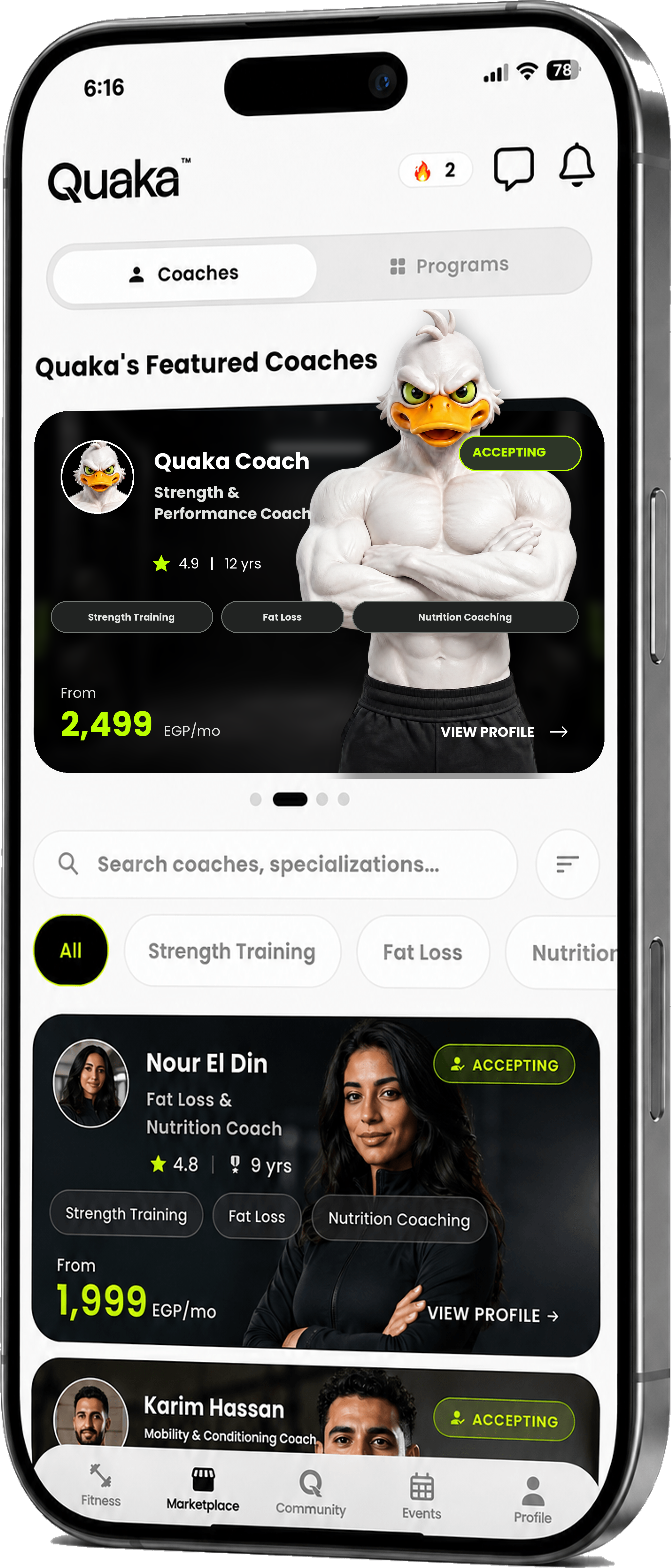 Quaka coach marketplace on an iPhone